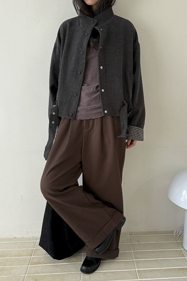 Short Cuffed Check Pieced Stand Collar Wool Coat image 4