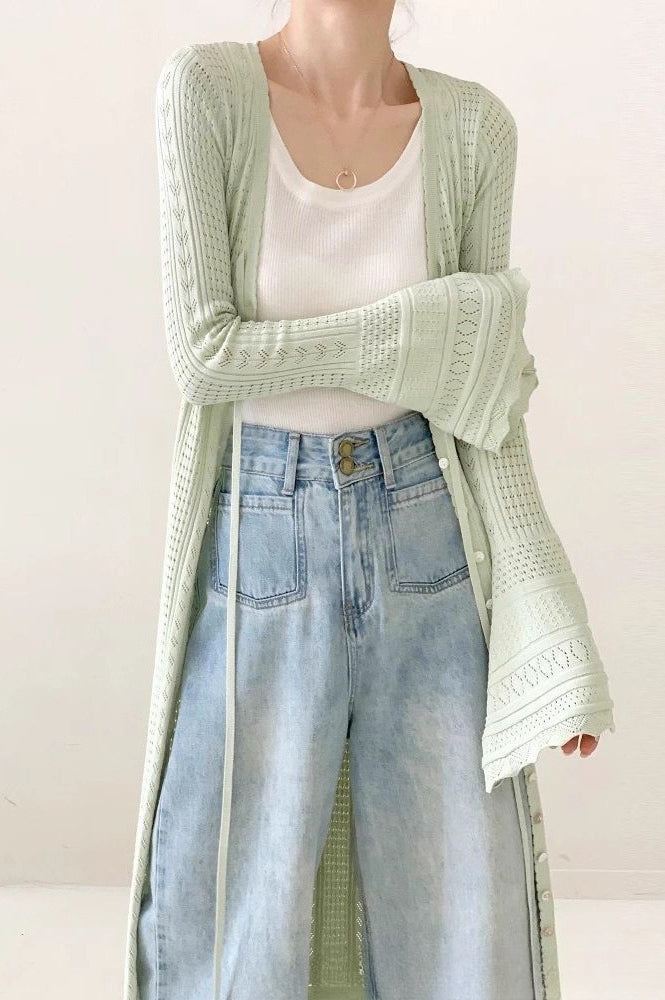 Lightweight Light Green V-Neck Bell-Sleeve Lace-Up Midi Knit Cardigan image 2