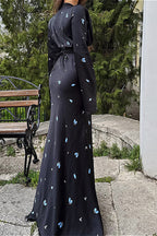 Satin V Neck Long Sleeve Tie Waist Elegant Maxi Floral Dress image 6