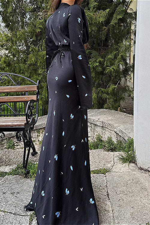 Satin V Neck Long Sleeve Tie Waist Elegant Maxi Floral Dress image 6