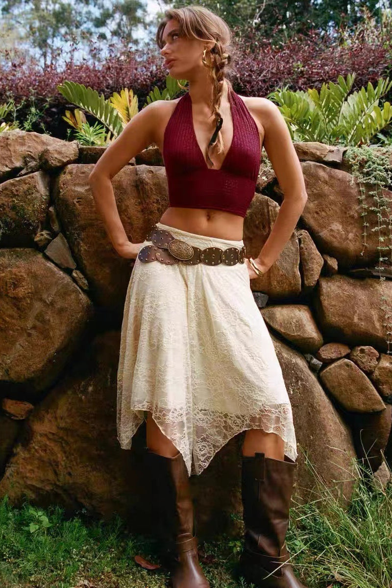 Lace Midi Skirt with Asymmetrical Hem Skirt image 1