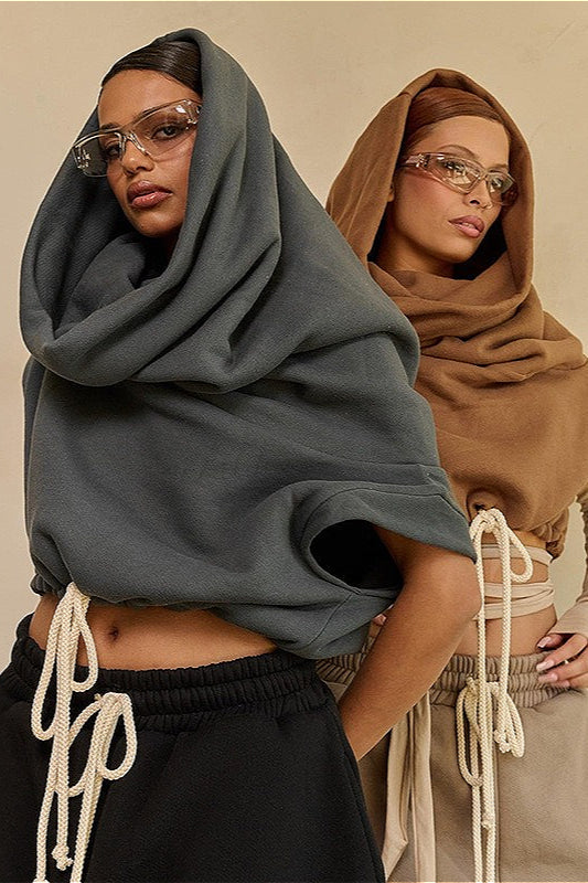 Solid Casual Wide Collar Cropped Hoodie image 1