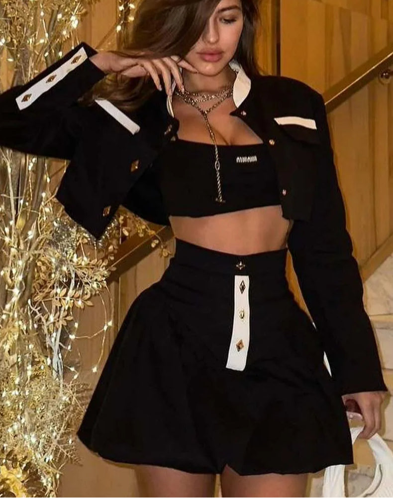 Black Patchwork Crop Mini Skirt Office Two Piece Set image 1