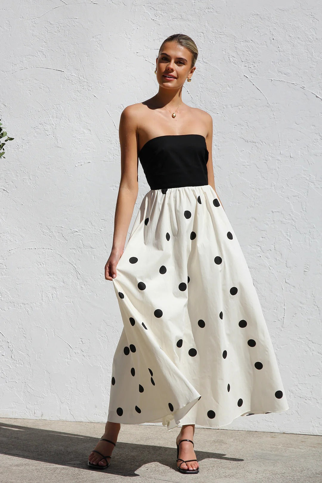 Polka Dot Print Strapless A-Line Maxi Dress image 2