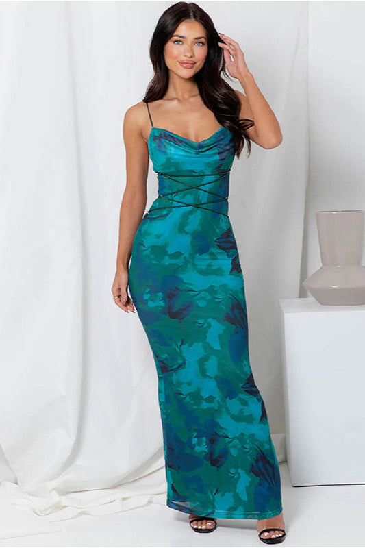 Backless Lace Up Slim Spaghetti Strap Floral Dress image 2