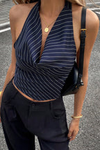 Elegant Stripe Halter Draped Tank Top image 6