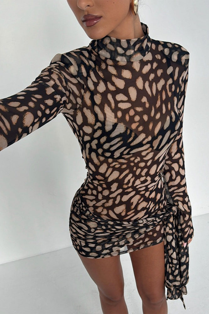 Mesh Turtleneck Leopard Print Bodycon Mini Dress image 1