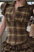 Plaid Lapel Button Puff Sleeve Ruched Blouse image 1