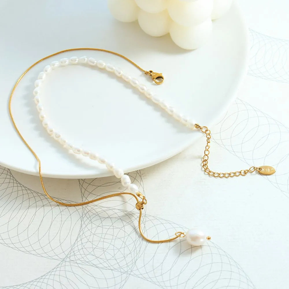 Tessa Pearl Necklace detail view styled for Avrienne