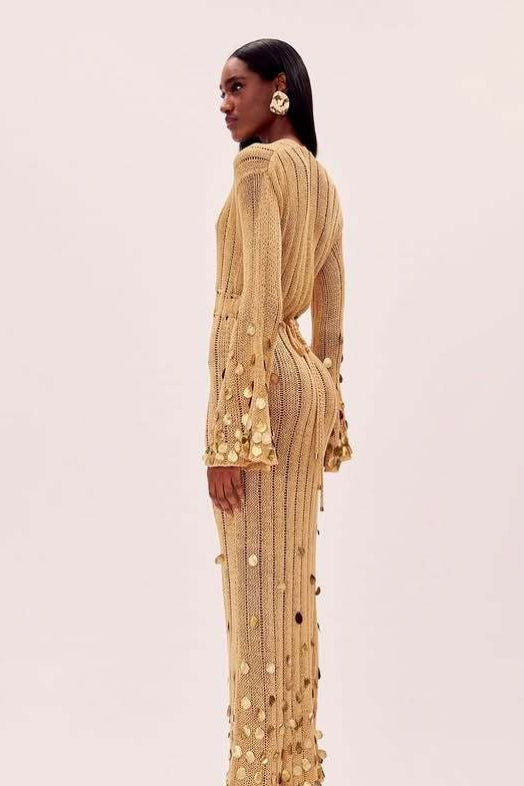 V Neck Belted Sequin Knit Maxi Dress image 4