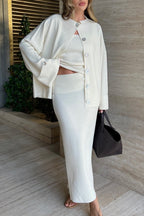 Elegant Minimalist Knit Long Sleeve Cardigan Cami Three Piece Set image 10