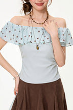 Mint Polka Dot Ruffle Off Shoulder Blouse image 4