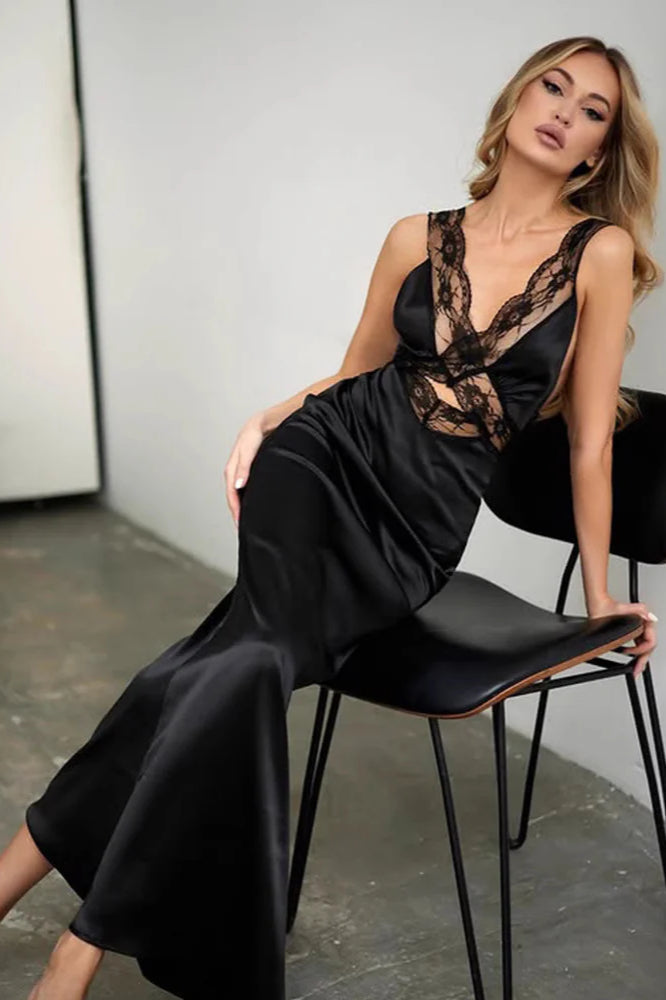 Sexy Lace Cut-out V-neck Satin Paneled Bodycon Maxi Dress image 5