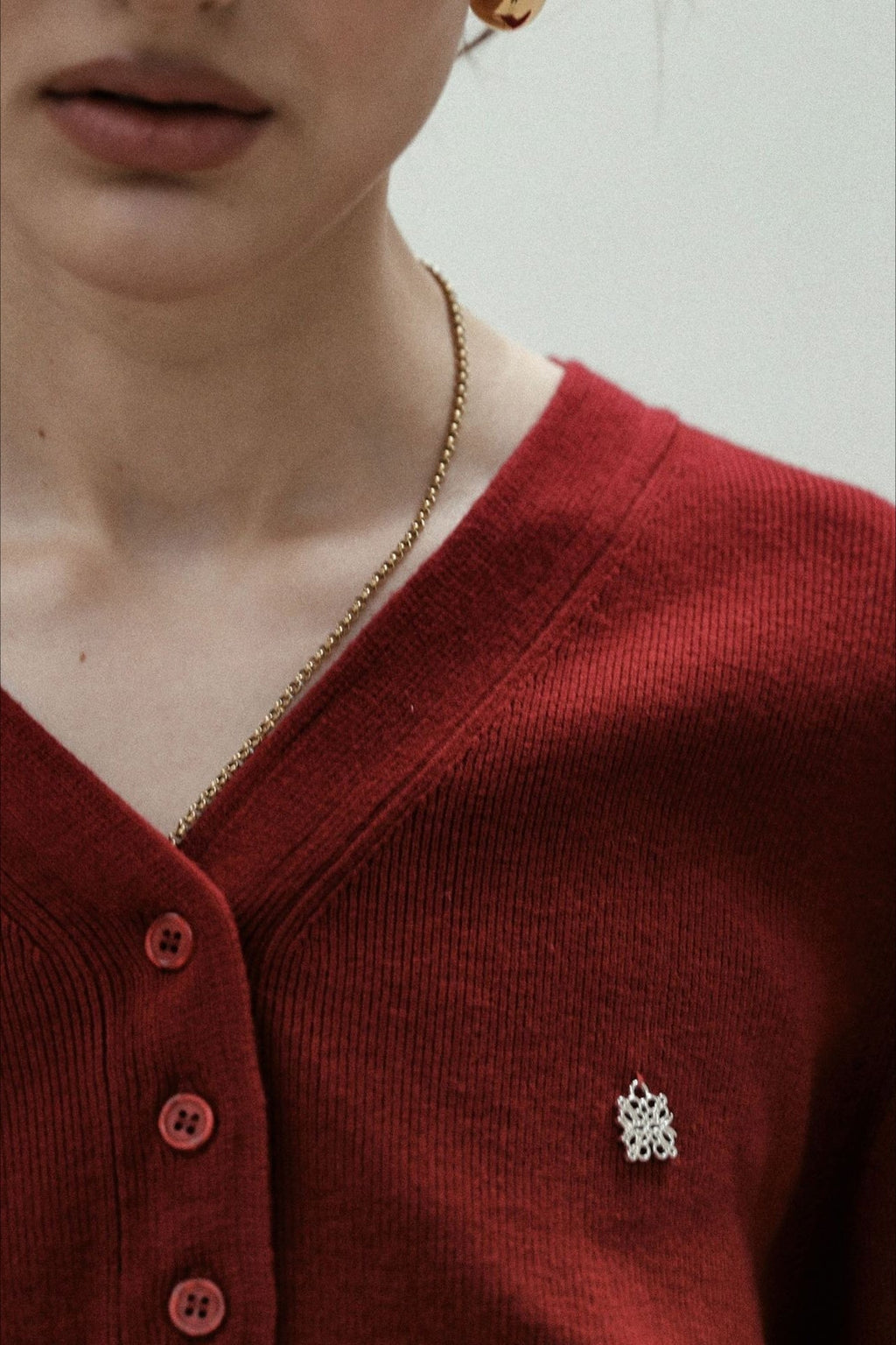 Red V Neck Knit Cardigan Blouse image 4