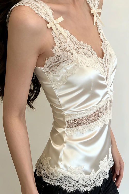 Bow Lace Patch V Neck Solid Tank Top image 2