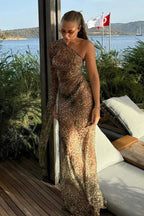Leopard Print Sexy Spice Girl Slanted Shoulder Maxi Dress image 4