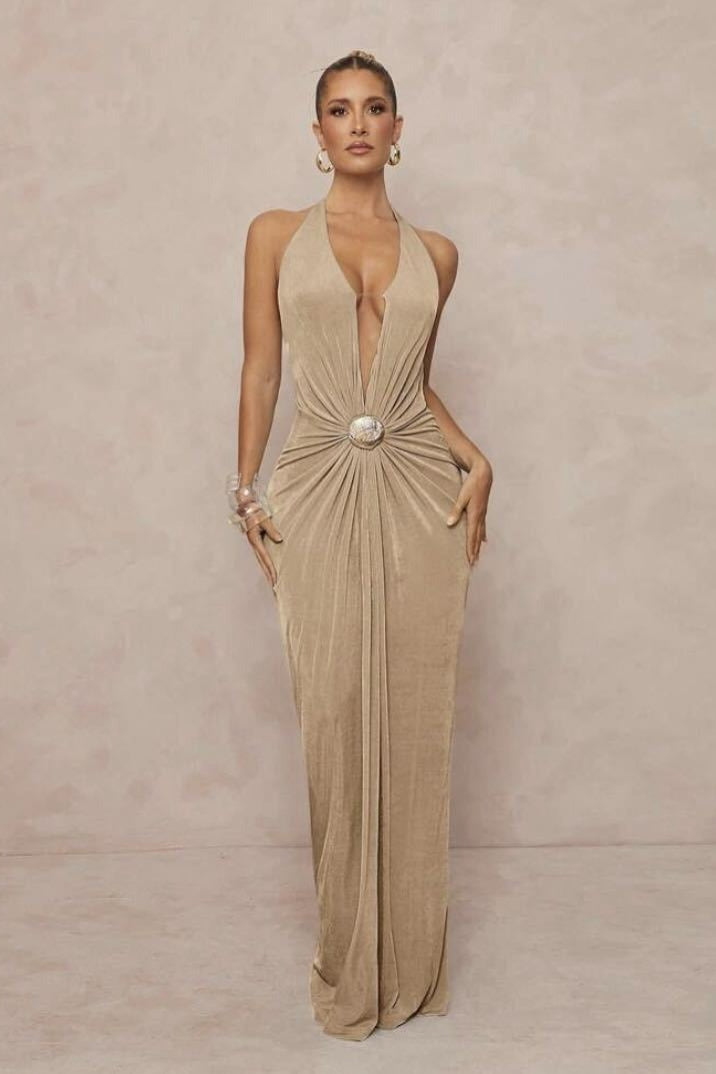 Deep V Halter Ruched Metal Trim Backless Maxi Dress image 21