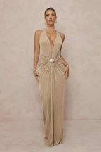 Deep V Halter Ruched Metal Trim Backless Maxi Dress image 21