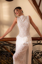 Sleeveless High Neck Flower Lace Patchwork Reception Dress image 5