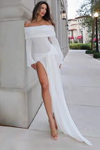Sexy Off Shoulder Cutout Flare Sleeve Fitted Sash Maxi Dress image 1