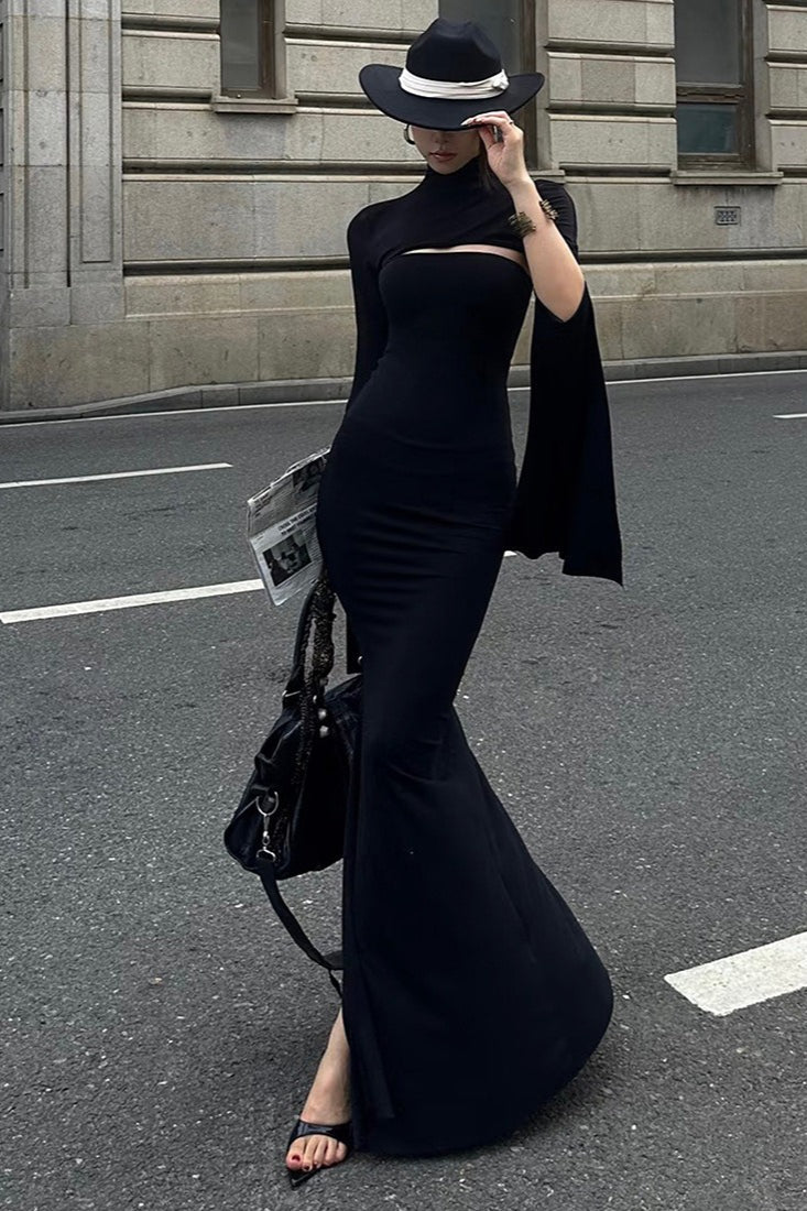 French High-End Solid Slim Asymmetric Long-Sleeve Maxi Dress image 2
