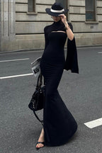 French High-End Solid Slim Asymmetric Long-Sleeve Maxi Dress image 2