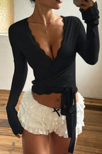 Lace Trim V Neck Tie Long Sleeve Blouse image 7