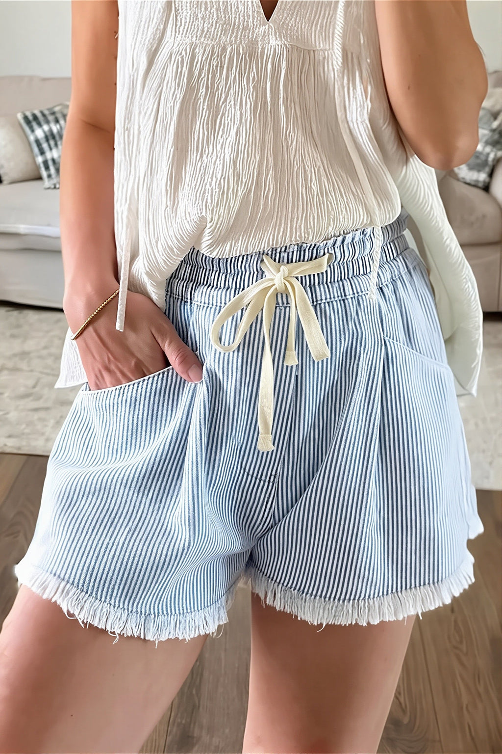 Striped Raw Hem Denim Shorts image 1