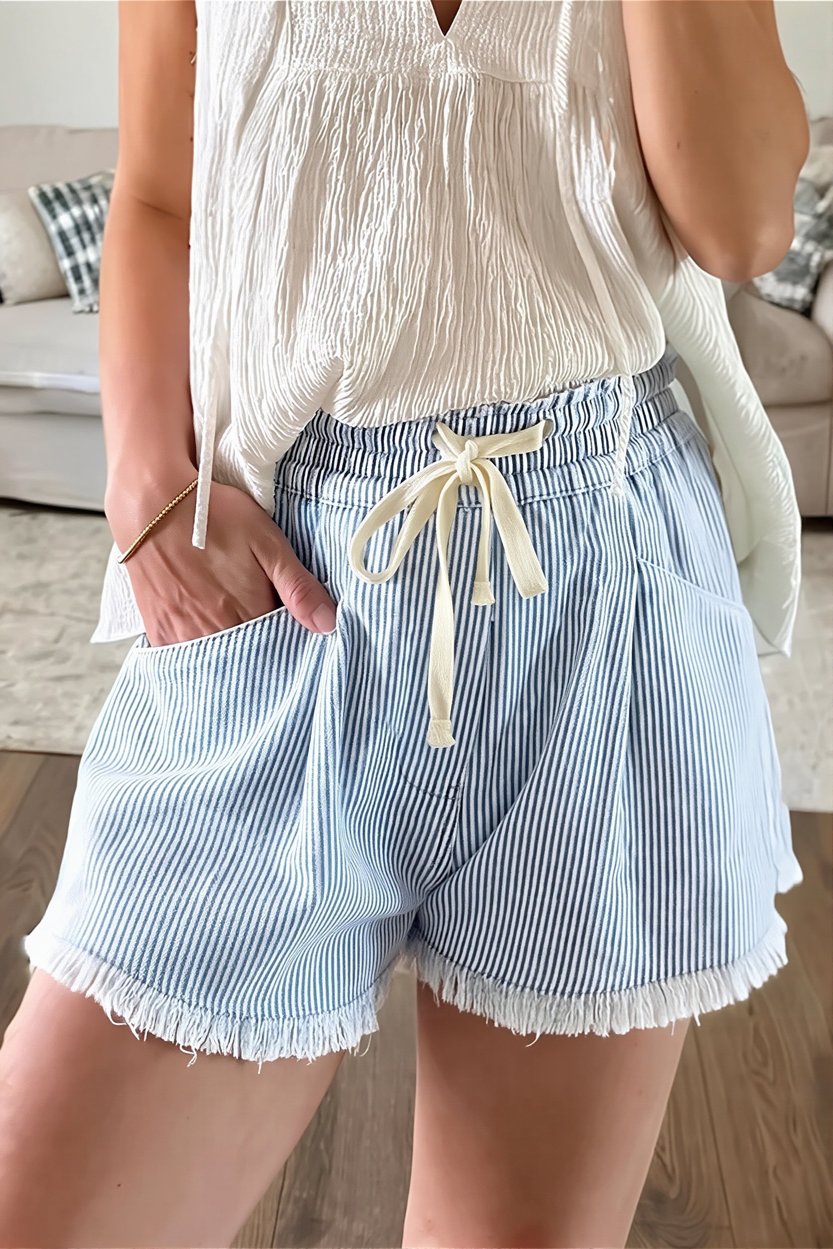 Striped Raw Hem Denim Shorts image 1