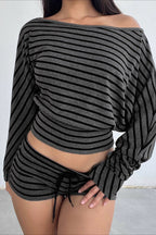 Striped Print Asymmetrical Shoulder Two Piece Set image 2