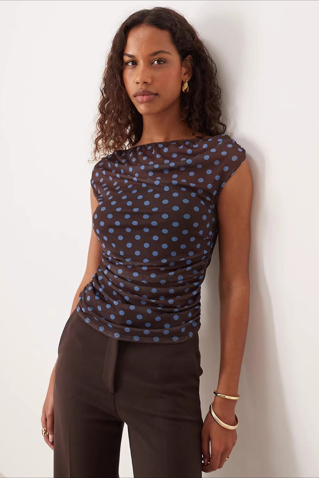 Ruched Polka Dot Mesh Short Sleeve Blouse image 1