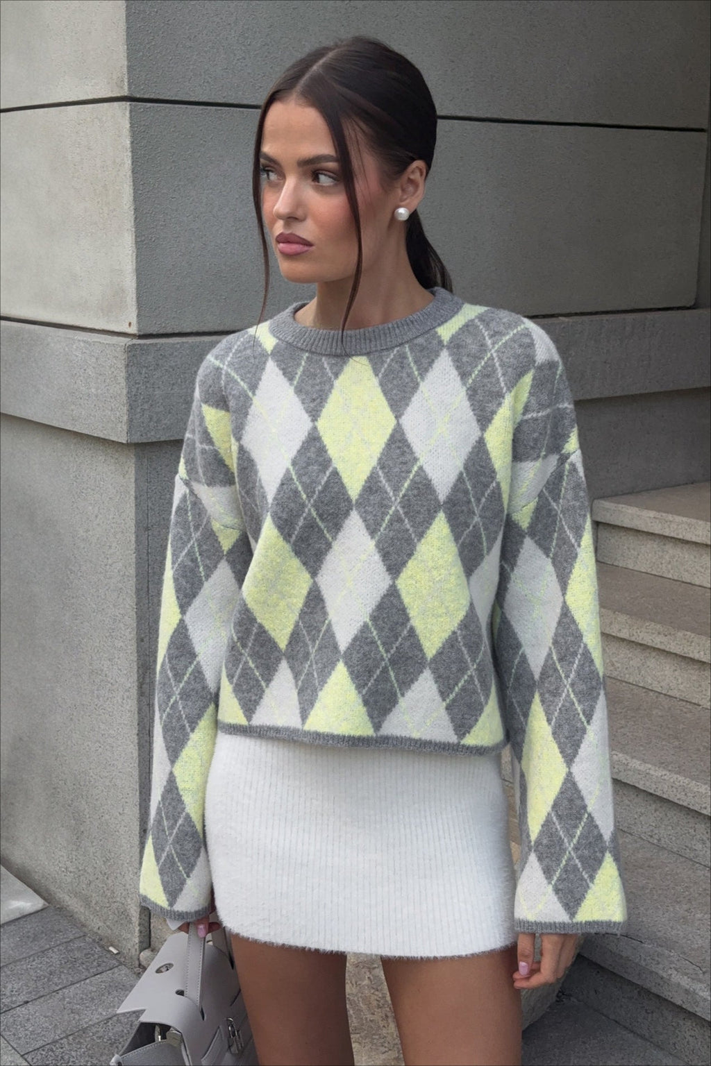 Argyle Knit Green Color Block Loose Crewneck Sweater image 2