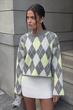 Argyle Knit Green Color Block Loose Crewneck Sweater image 2