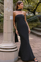 Chic Polka Dot Strapless Tie Waist Slim Maxi Dress image 1