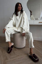 Solid Distressed Knit Crew Neck Sweater Two Piece Set image 7