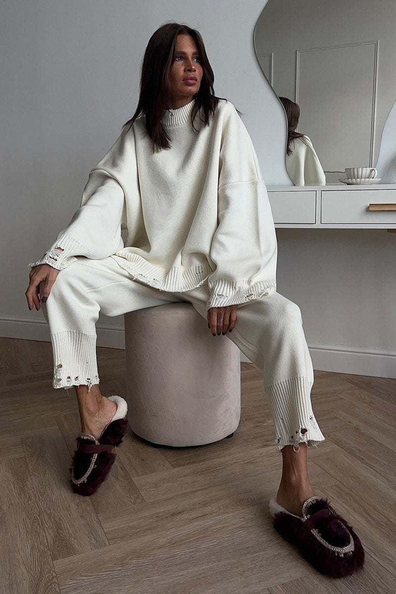 Solid Distressed Knit Crew Neck Sweater Two Piece Set image 7