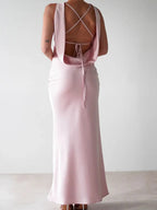 Sylvie Satin Maxi Dress detail view styled for Avrienne