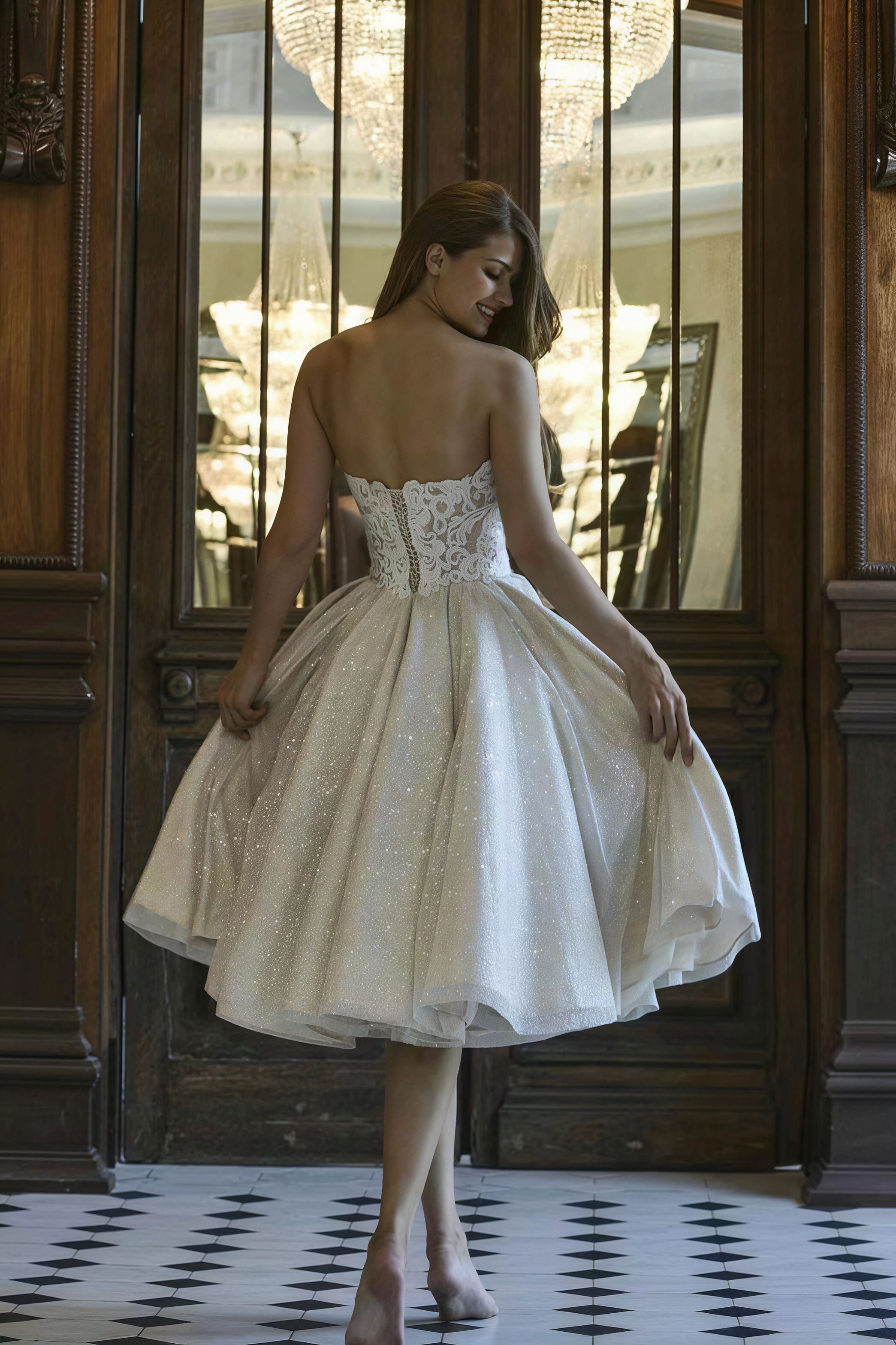 Elegant V Neck Off Shoulder Glitter Lace Tie Back Reception Dress image 2