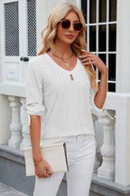 Petra Eyelet Top detail view styled for Avrienne