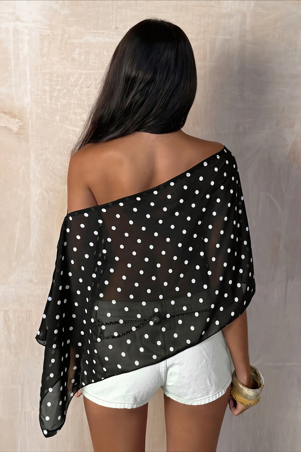 Chiffon Polka Dot Asym Shoulder Blouse image 6
