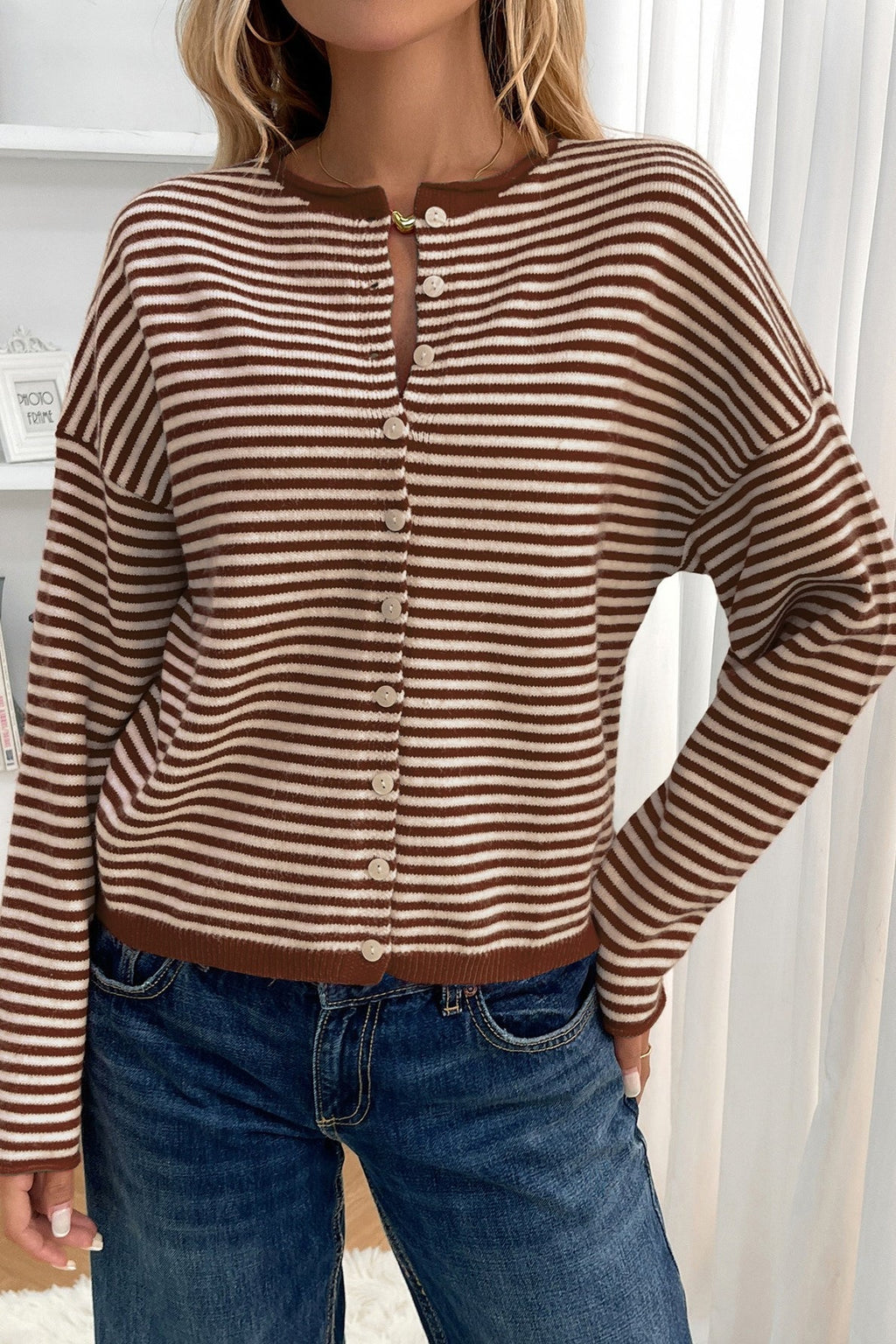 Striped Knit Round Neck Cardigan image 11