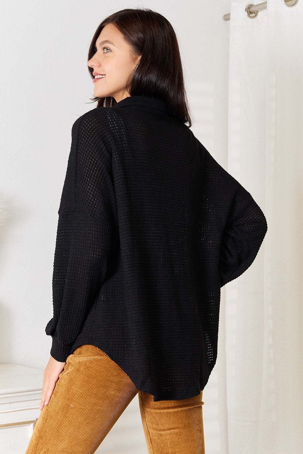 Romy Waffle Knit Shirt detail view styled for Avrienne