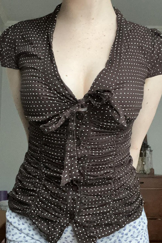 Button Tie Waist Dot Print Blouse image 1