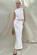 Simple Linen Cotton Sleeveless Slit Skirt Set image 1