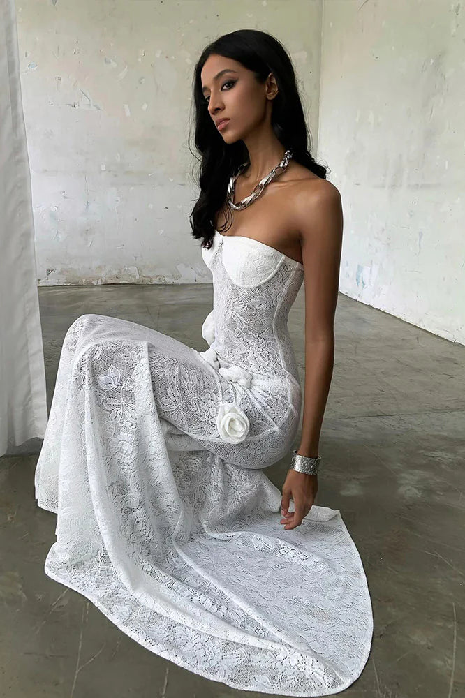 Sheer Lace Strapless 3D Floral Train Maxi Dress image 3