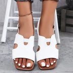 Corinne Flat Sandals detail view styled for Avrienne