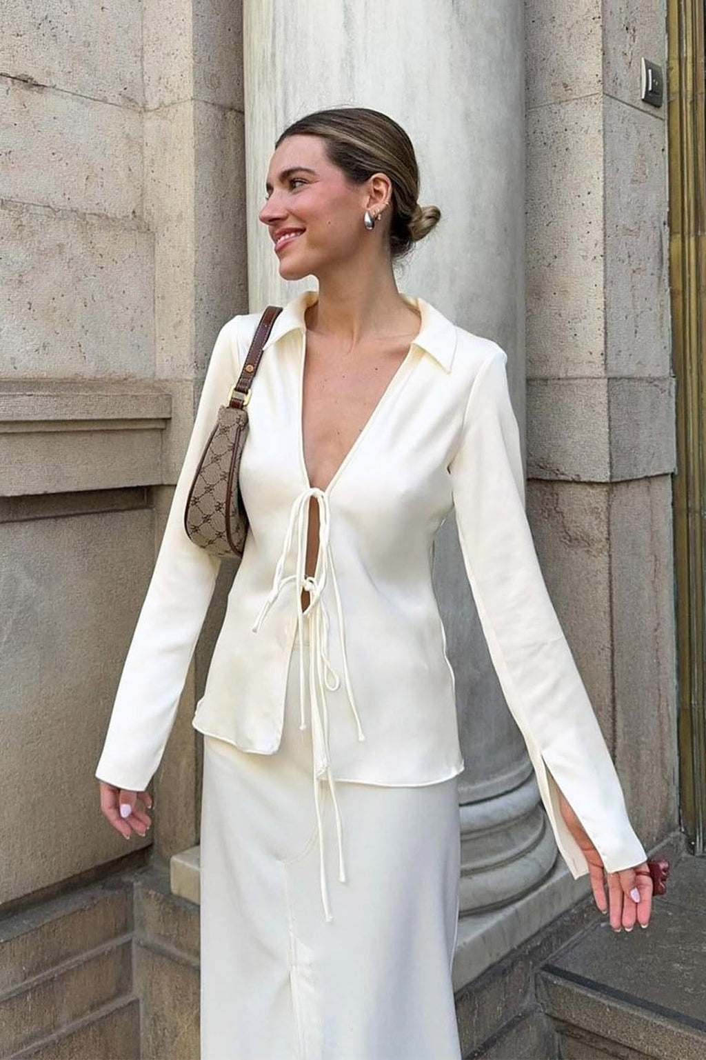 Satin Tie Front Fitted Blouse image 1