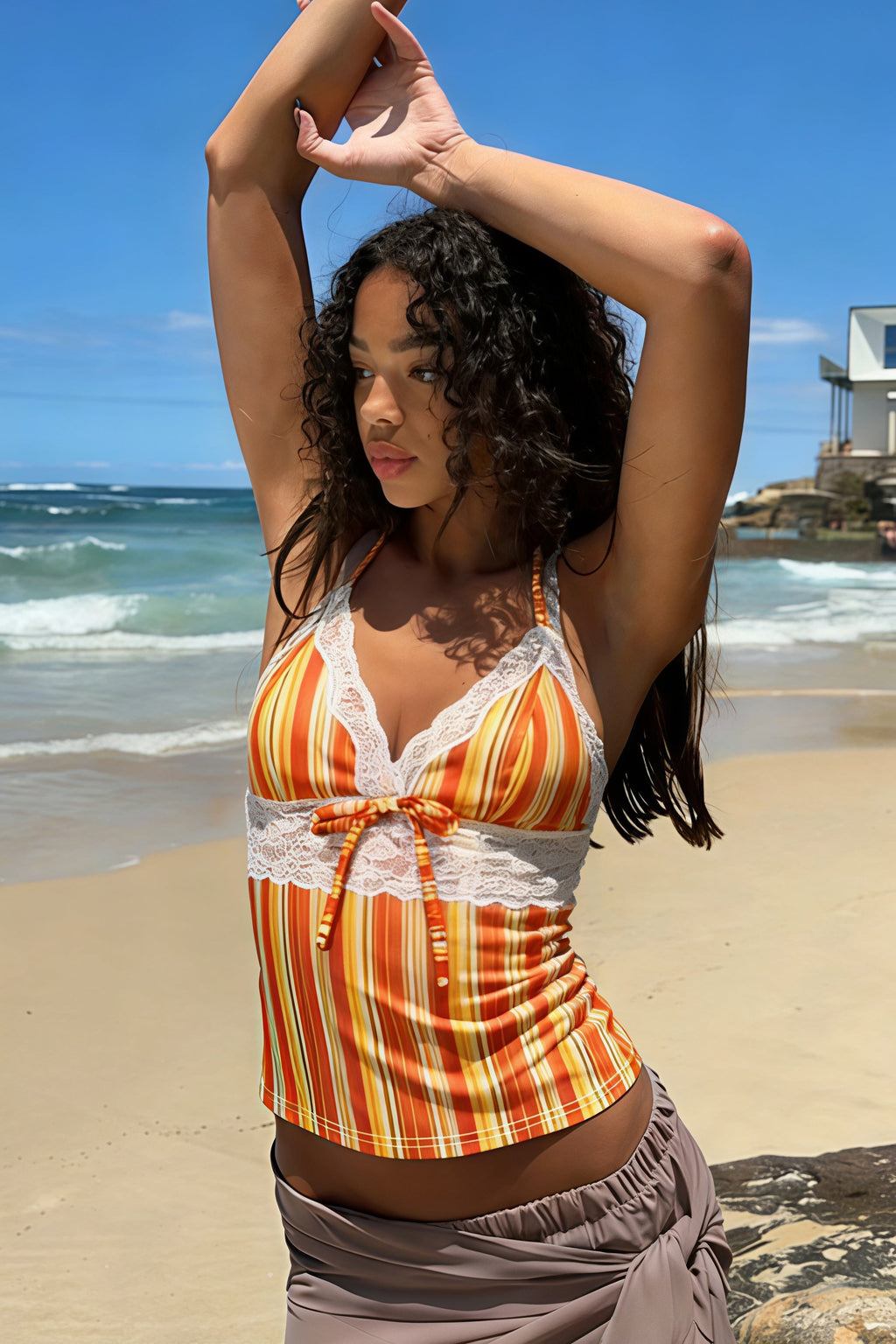 Lace Spliced Orange Striped Halter Top image 3