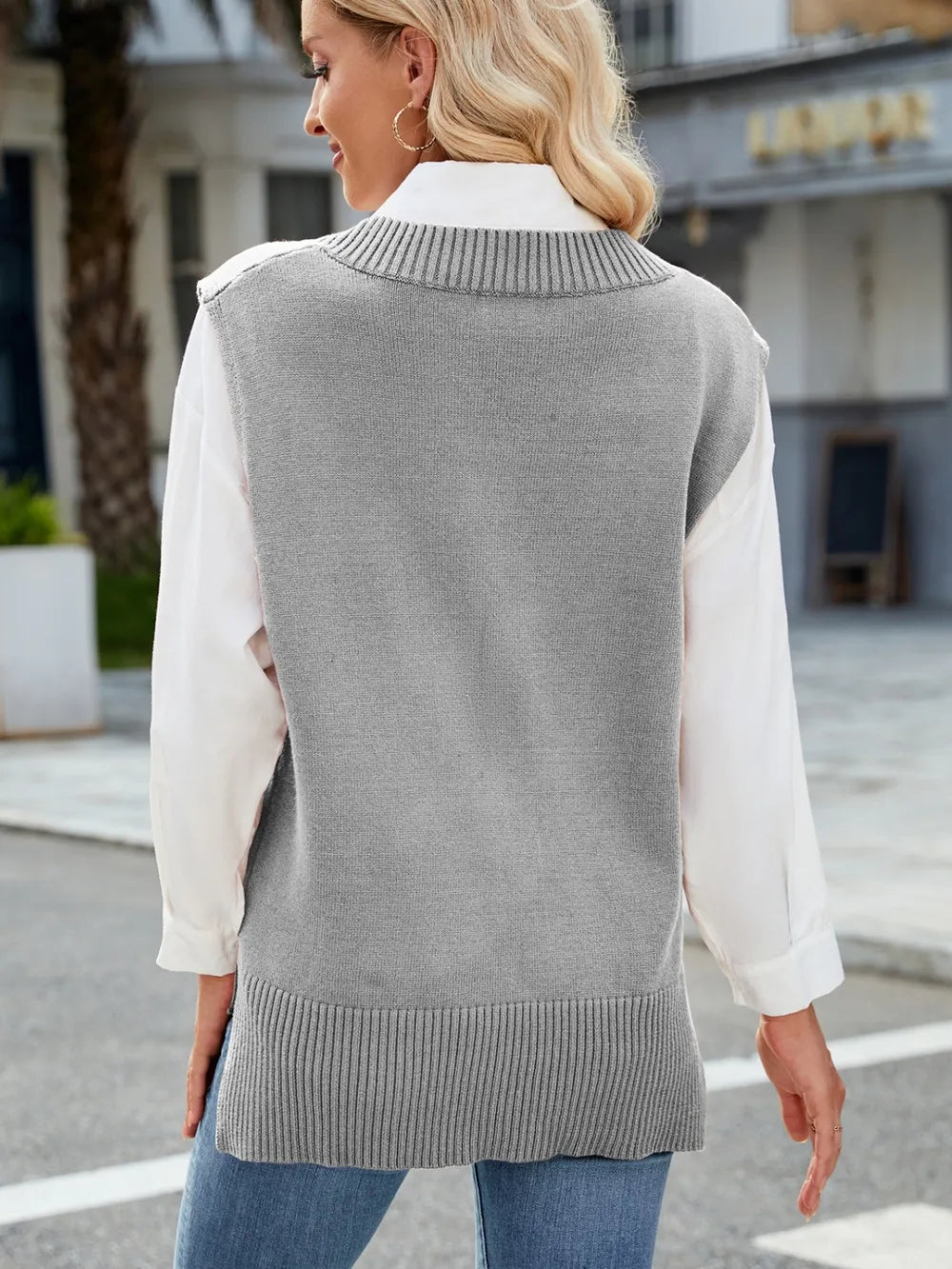Bianca Sweater Vest detail view styled for Avrienne