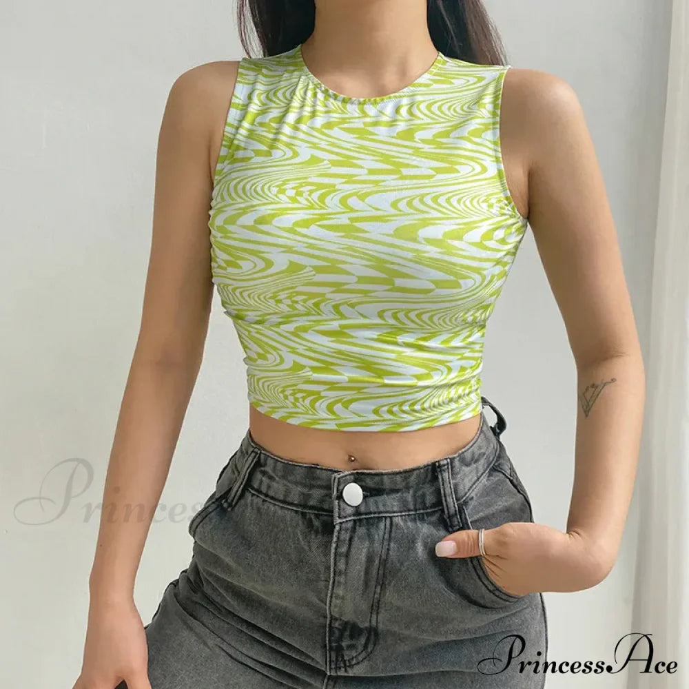 90s Aesthetics Striped Print Crops Summer Streetwear Sleeveless O-neck Green Baby Women Vests Tank top image 1